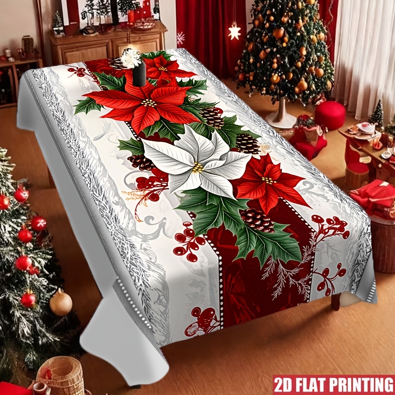 TEMU 1pc 1pcs Vintage Holiday Tablecloth - Red Potted Flowers, On Elegant White Background - Indoor/outdoor Festive Decor - Suitable For Christmas