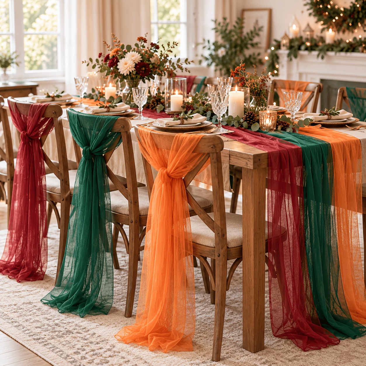 TEMU 9pcs Set Of Orange Green Rust Red Mesh Gauze Decoration Set, Including 2 78 Inch White Ribbons, Birthday Party Decoration, Birthday Party