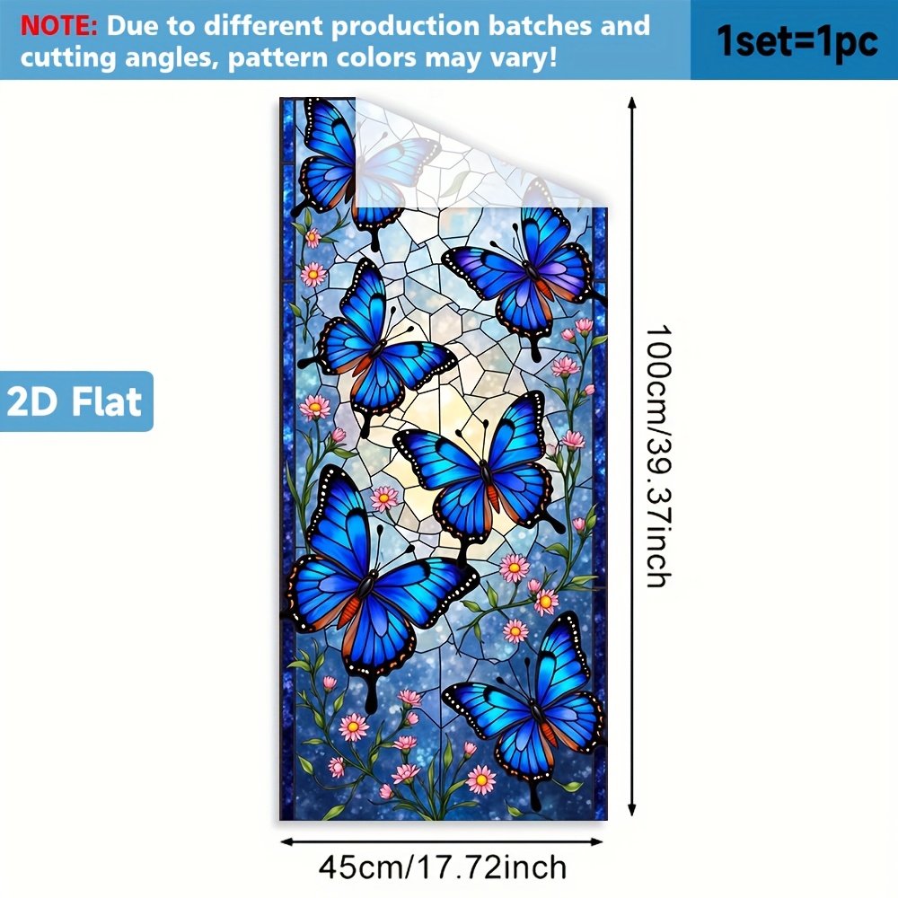 TEMU 1pc Film de Fenêtre avec Papillons et Vitrail Floral - Décoration Intimité Colle, Amovible & Réutilisable en PVC pour Salle de Bain, Salon,
