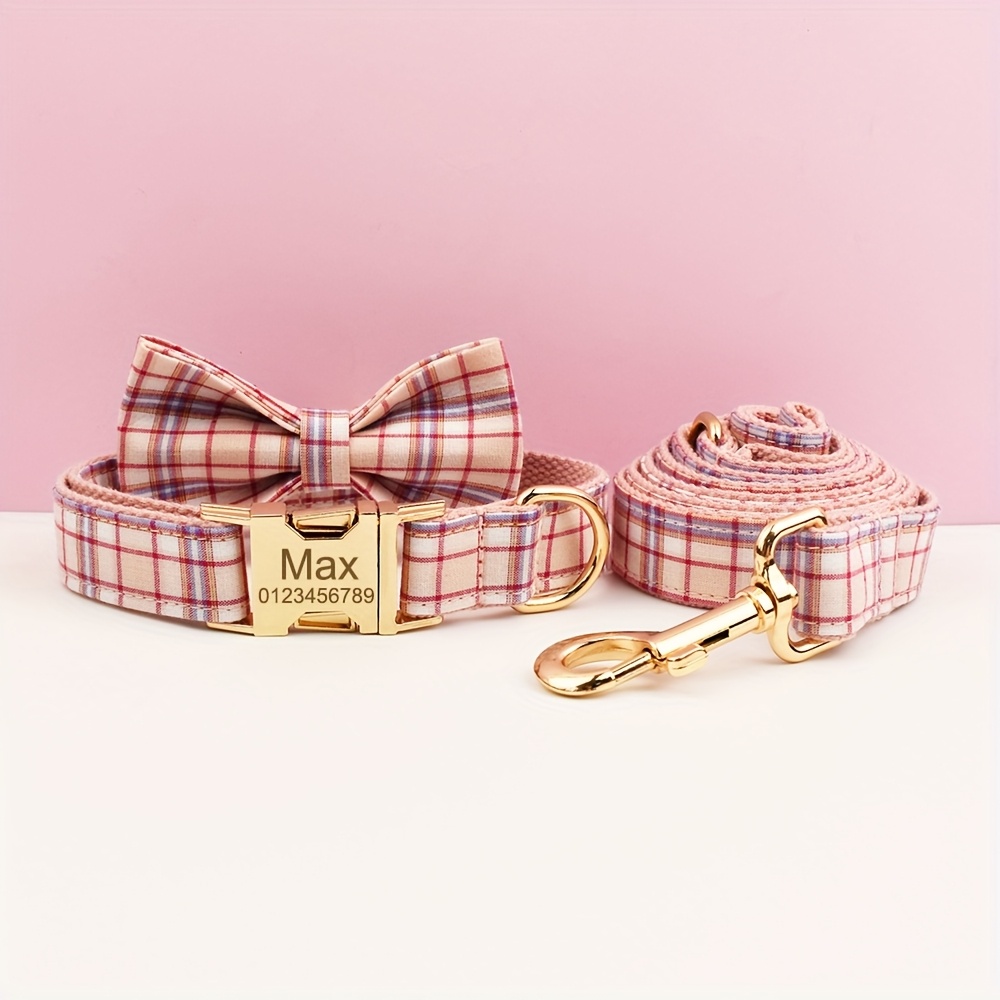 Personalized Plaid Dog Collar with Matching Leash, Custom Engraved