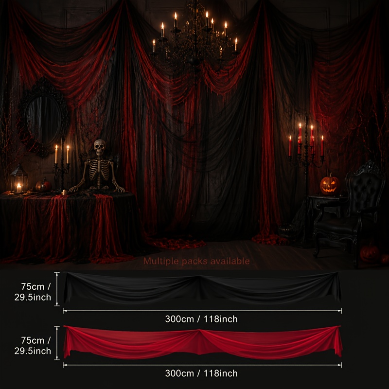 Image of 2-pack Halloween Black And Red Mesh Ribbons, Spooky Fabric Hanging Decorations, Suitable For Walls, Patios, Porch, Halloween Party Home Decorations