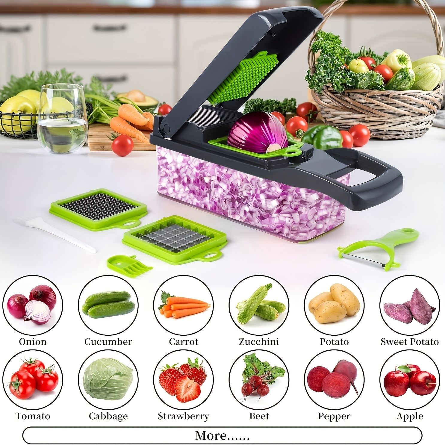 Image of 17-in-1 Vegetable Chopper & Slicer, 8 Stainless Steel , Food-grade Container With Drain Filter, Professional Onion Carrot Garlic Dicer, Prep Tool For Home Kitchen.