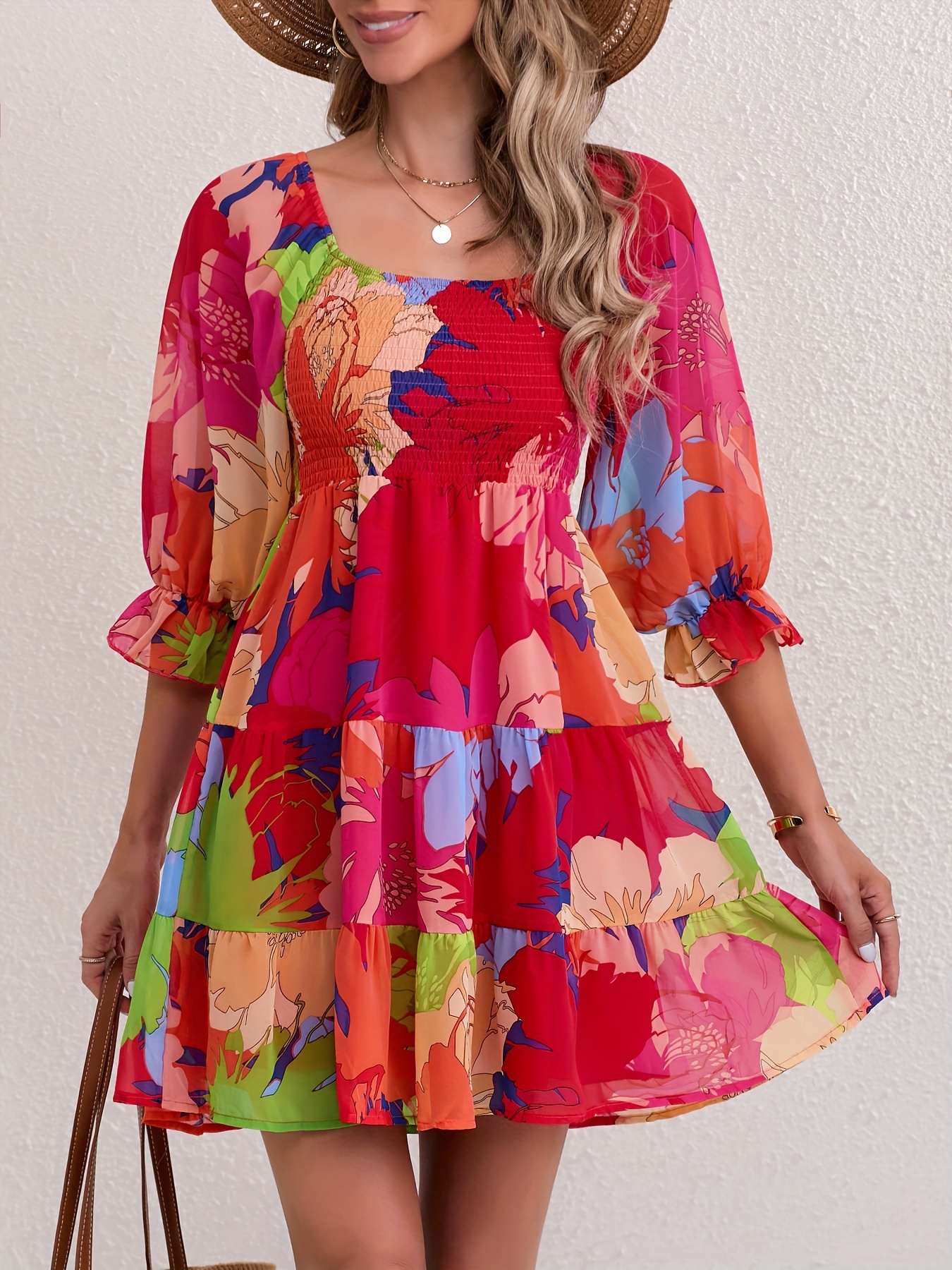 wedding dresses fall 2025 Women's Flowy Floral Mini Dress with Short Sleeves – Marlowe Club main image 1