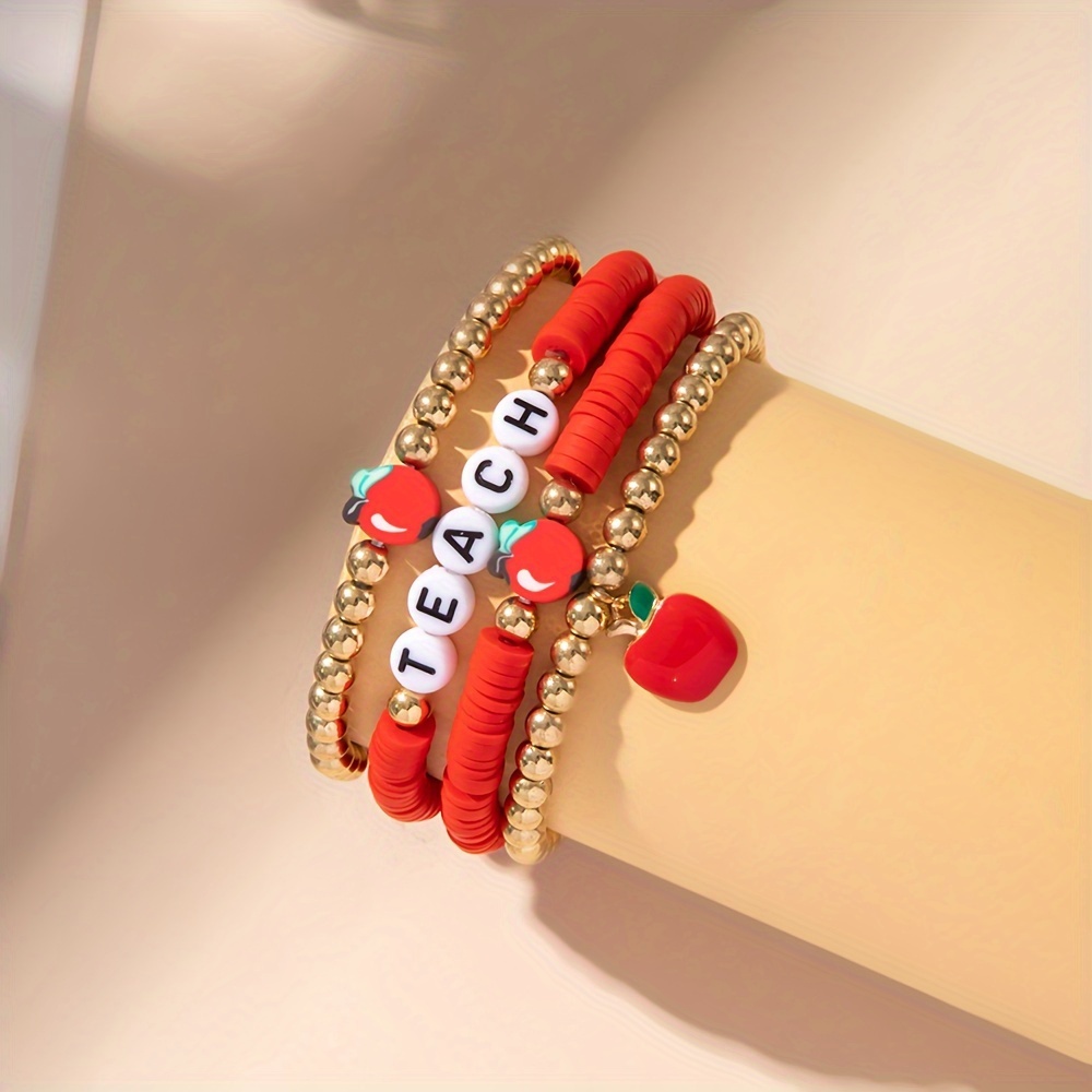 

Elegant 4pcs Clay Letter Bracelets With Red Pendant - Stretchable Beaded Set For Women, & Vacation Wear