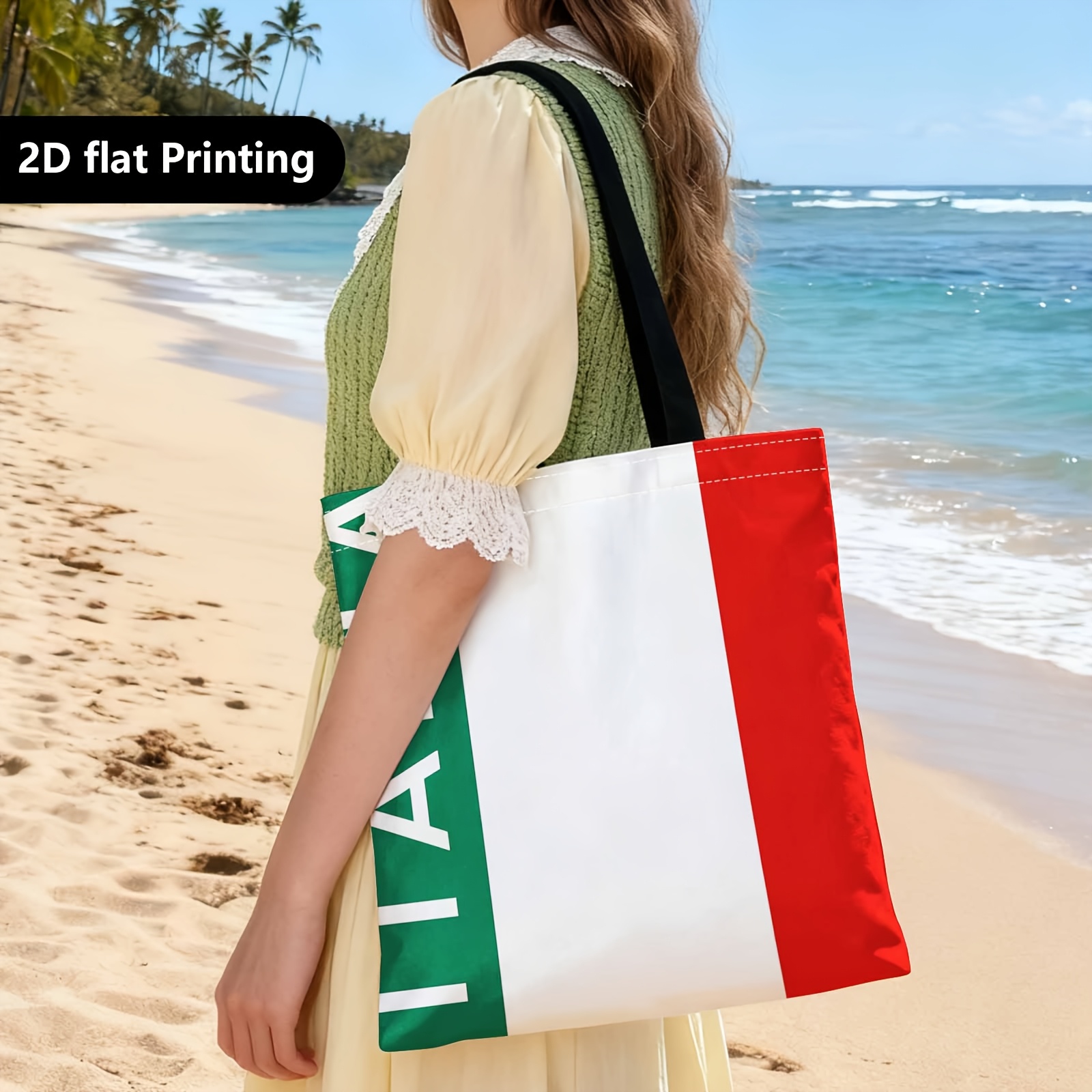 TEMU 広々キャンバストートバッグ - 仕事、イタリア国旗、イタリア、緑・白・赤、買い物、ビーチデイ、週末のお出かけに最適な多用途、ティーンエイジャー向け