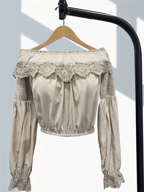off the shoulder lantern sleeve smocked retro blouse