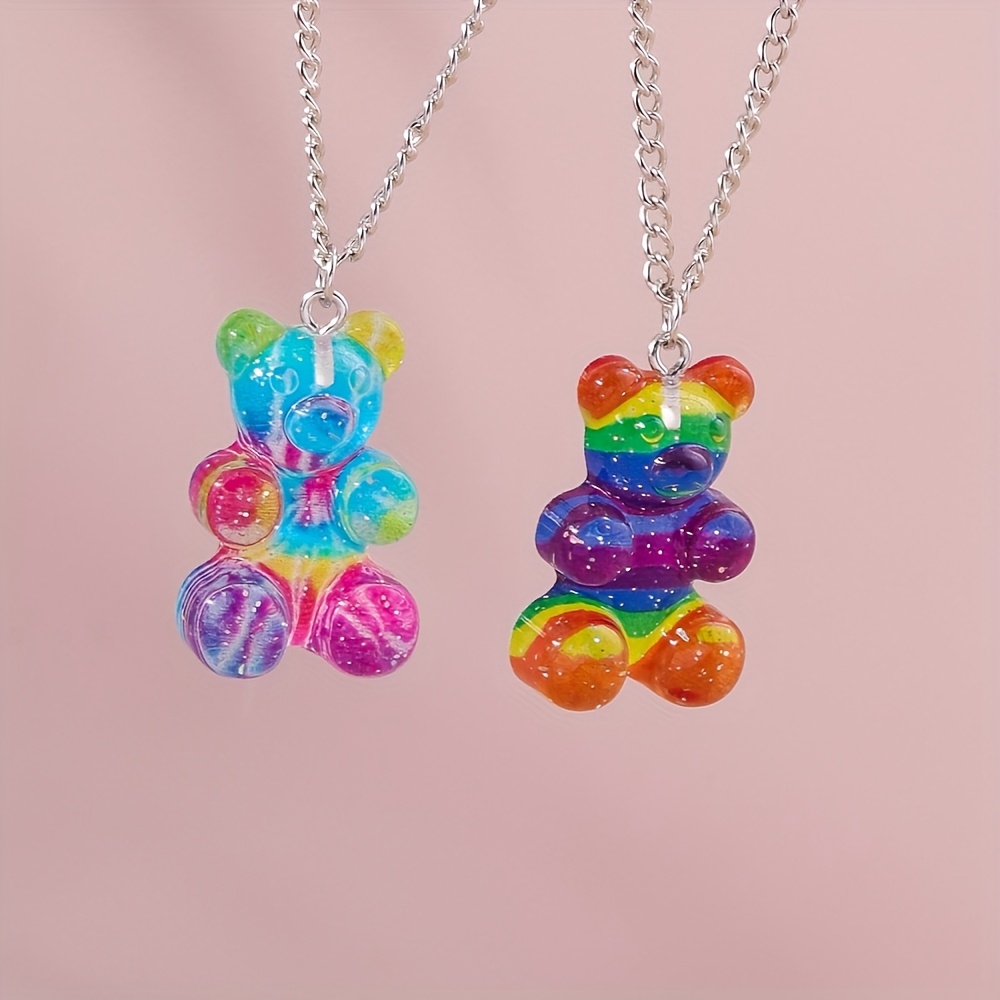 2pcs/set Cute Gradient Color Bear Women's Pendant Necklace, 1 Bear Necklace + 1 Colorful Bear Necklace