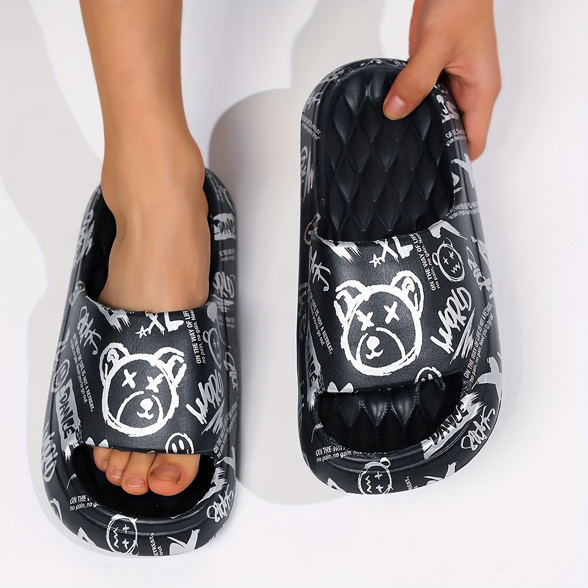 

Cute Bear & Letter Slides, Lightweight Soft Sole Home Shower Slides, Non-slip Eva Beach Slides