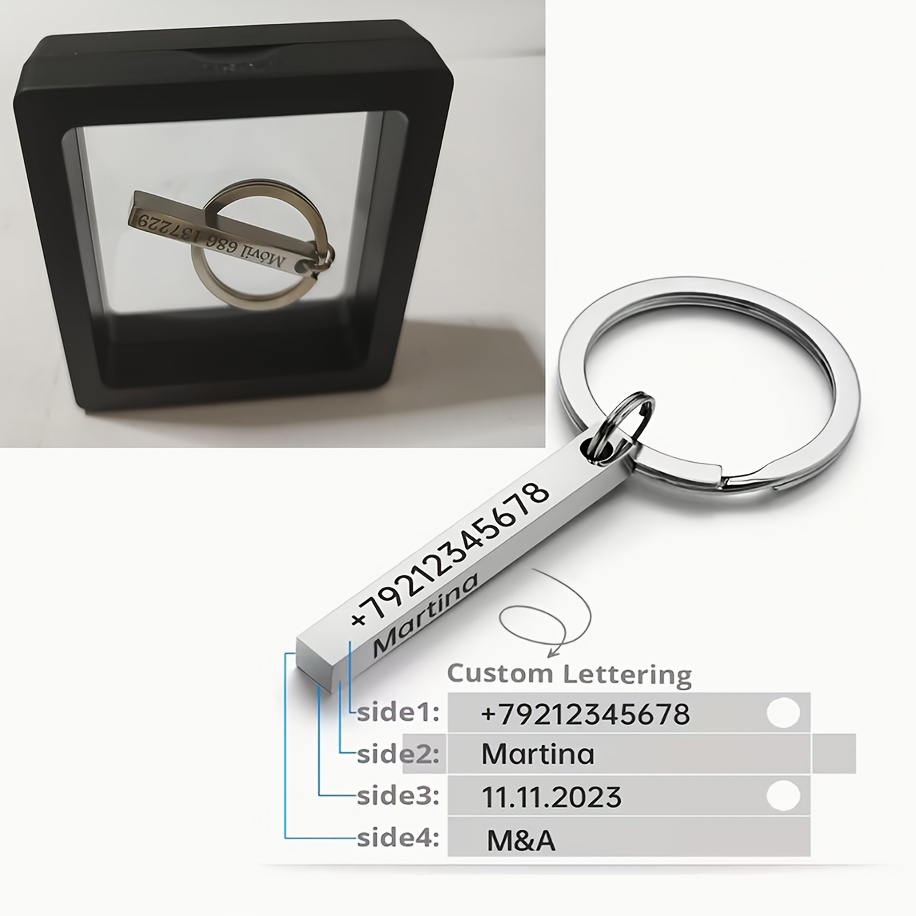 E-shop Personalisierter Edelstahl-Schlüsselanhänger, 4-seitig graviert, 2-seitig graviert mit Text, Name, , Markierung, Nummer, individuell gestalteter