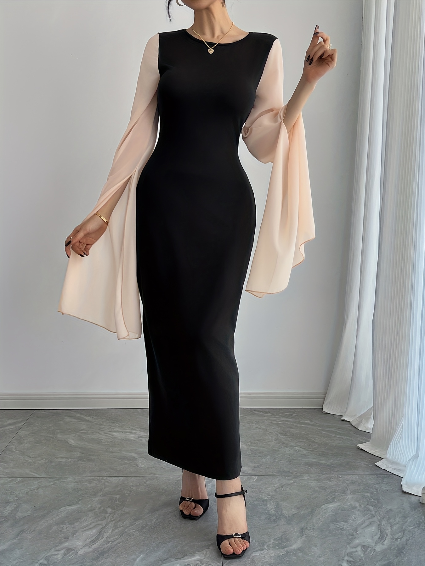 Women'S Elegant French Vintage * Fit Long Sleeve Dress with Color * Round  Neck & Side Slit - Stretchy Polyester-Spandex Blend for Casual, Vacation,  and Everyday Wear * Outfit, Sophisticated Fashion, ...