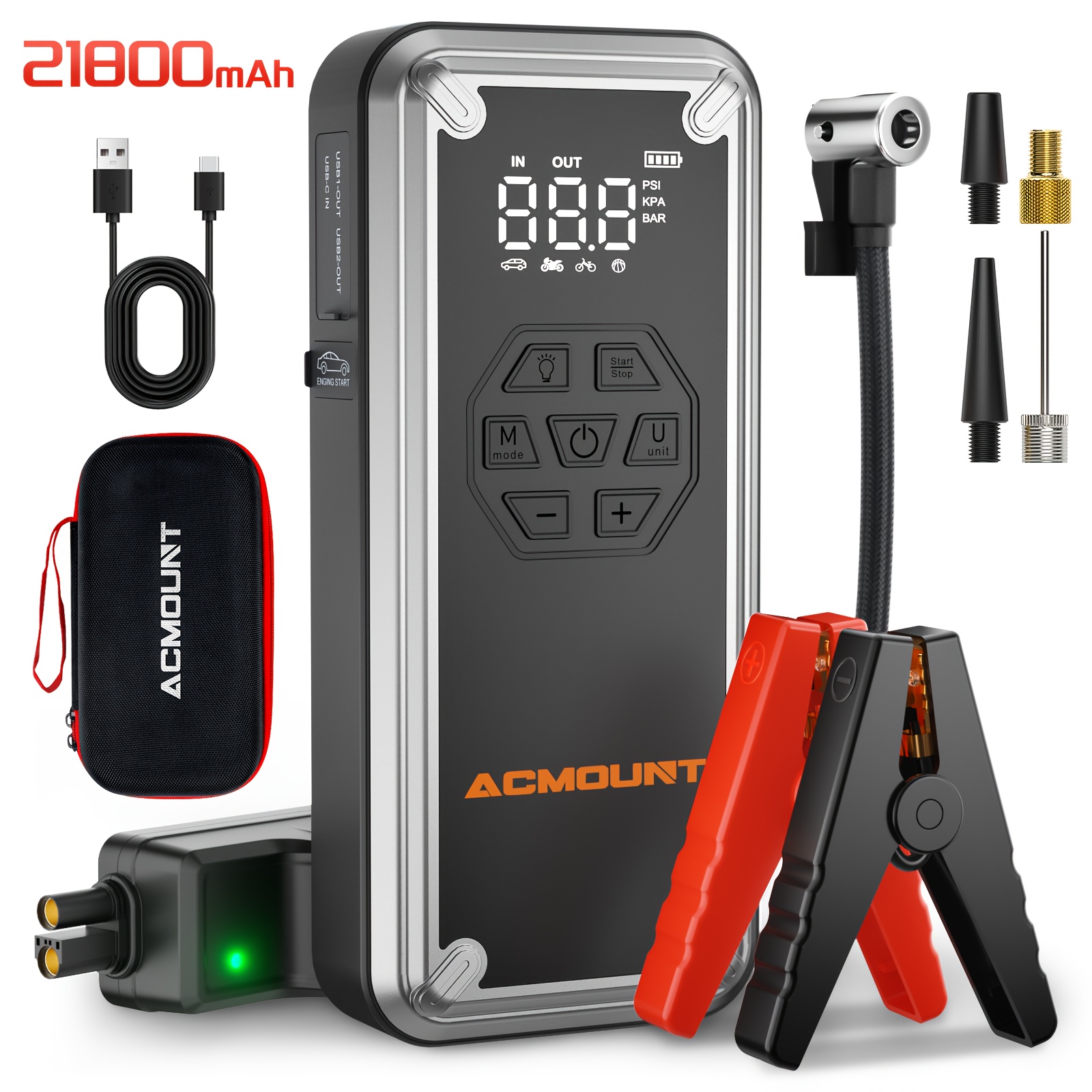 E-shop 21800mAh Starthilfe mit Luftkompressor für bis zu 9,0 Benzin/8,0 Diesel, Tragbares Autobatterie-Starterpaket mit 150PSI Automatik-Ausschaltung