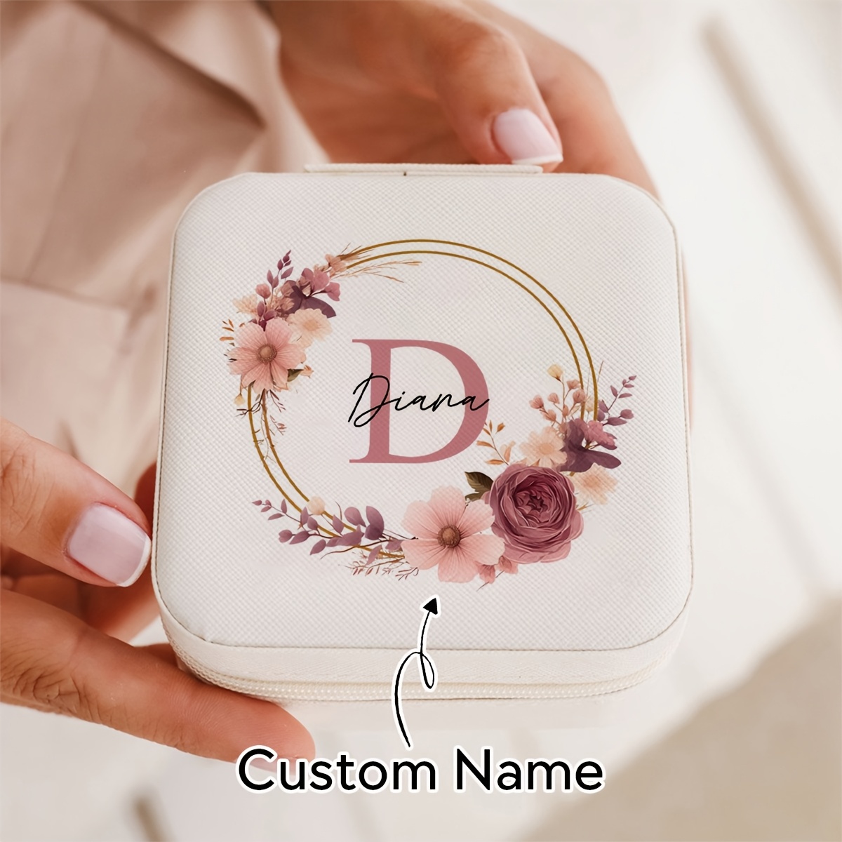 TEMU . Schmuckschatulle mit individuellem, modischem Blumendesign und Namensaufdruck, Ring, Halsketten, Ohrring-Multi-Grid-Teilung, Aufbewahrungsbox,