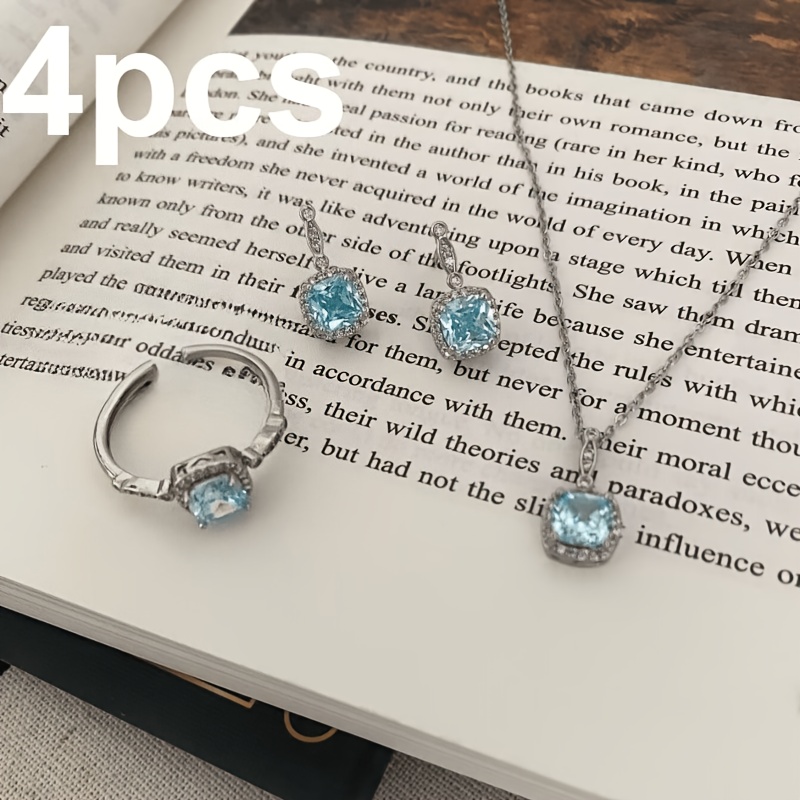 TEMU 304 Stainless Steel 4pcs Necklace, Earrings, And Ring Set For Women, Inlaid With Synthetic Synthetic Zirconia, Elegant And , Vintage Fashion