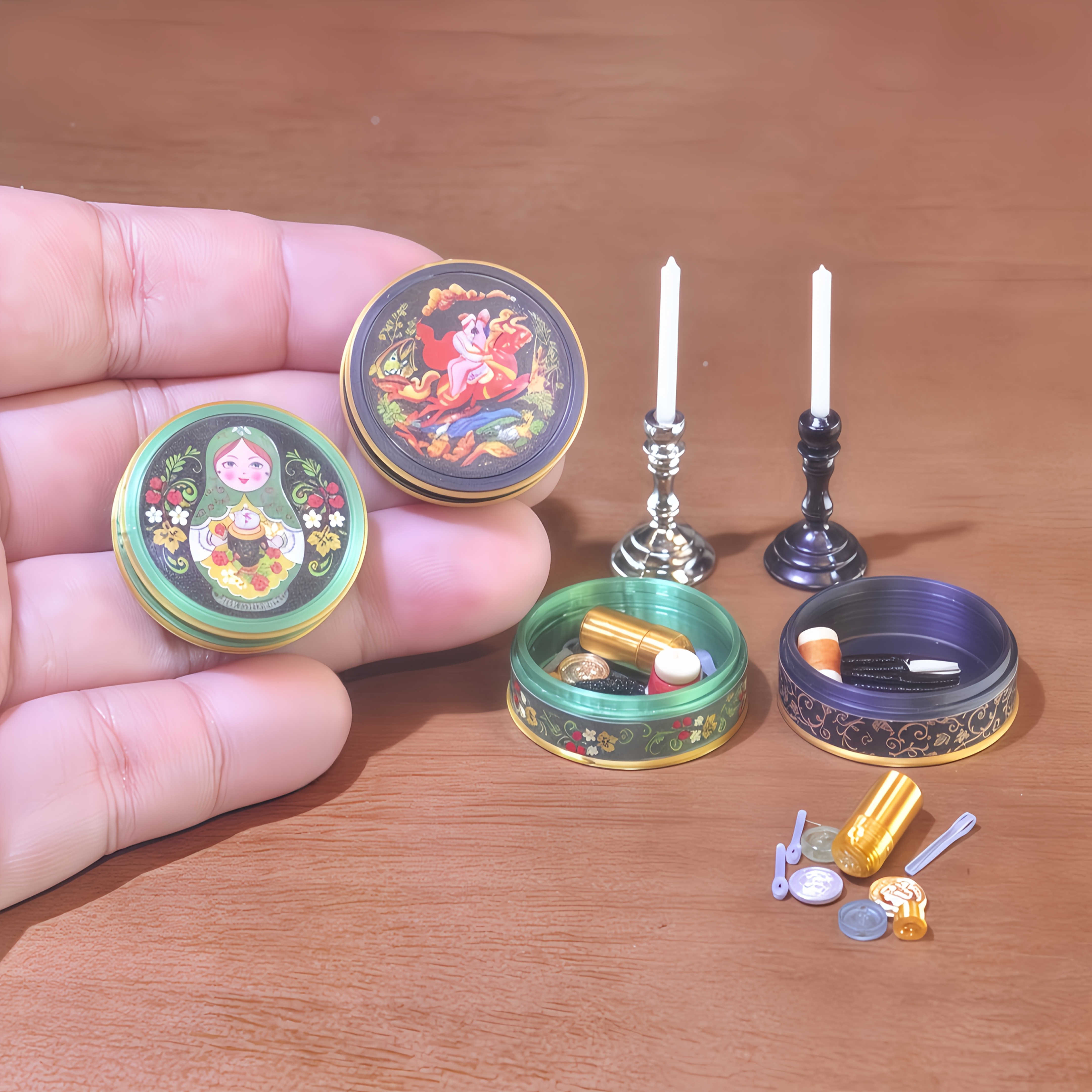 

1:6 Scale 2pcs Miniature Vintage Sewing Box & Candlestick Set - Creative Gift & Dollhouse Accessories - Unique Adult Noveltytoys For Realistic Dollhouse Decor