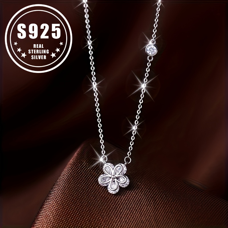 

S925 Sterling Silver Small Fresh Zirconia Flower Necklace Temperament Simple Neutral Feeling Chain.2.14g/0.08oz