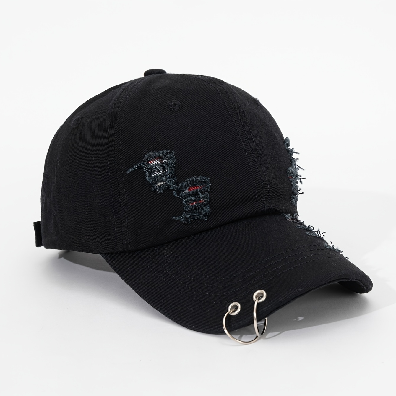 TEMU 1pc, Distressed Baseball For Women Men, Vintage Ripped Design Trucker Hat With Metal Rings, Casual Adjustable Dad Hat For Streetwear