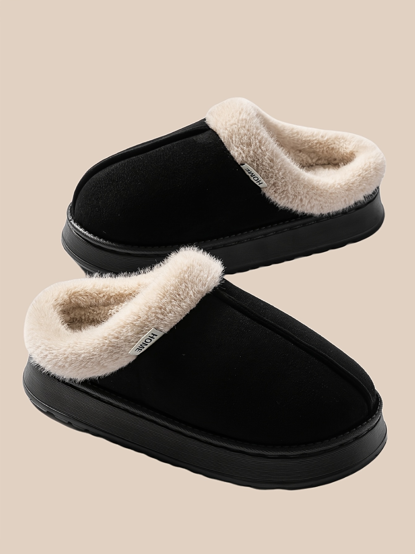 1 par de pantuflas de felpa acogedoras para hombre,   gruesa antideslizante de felpa   de invierno, calzado casual de moda de color   para interiores/exteriores, estilo minimalista, punta redonda, parte    ,   de eva, forro y plantilla de tela. detalles 5