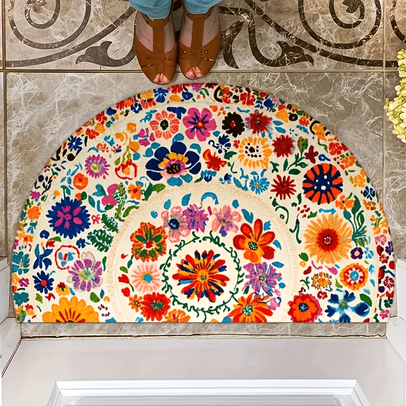 TEMU 1pc Hd 2d Flat Printed Floor Mat, Mandala Semi-circle Mat - Colorful Floral Pattern, Soft Machine Washable Indoor/outdoor Rug, Suitable For