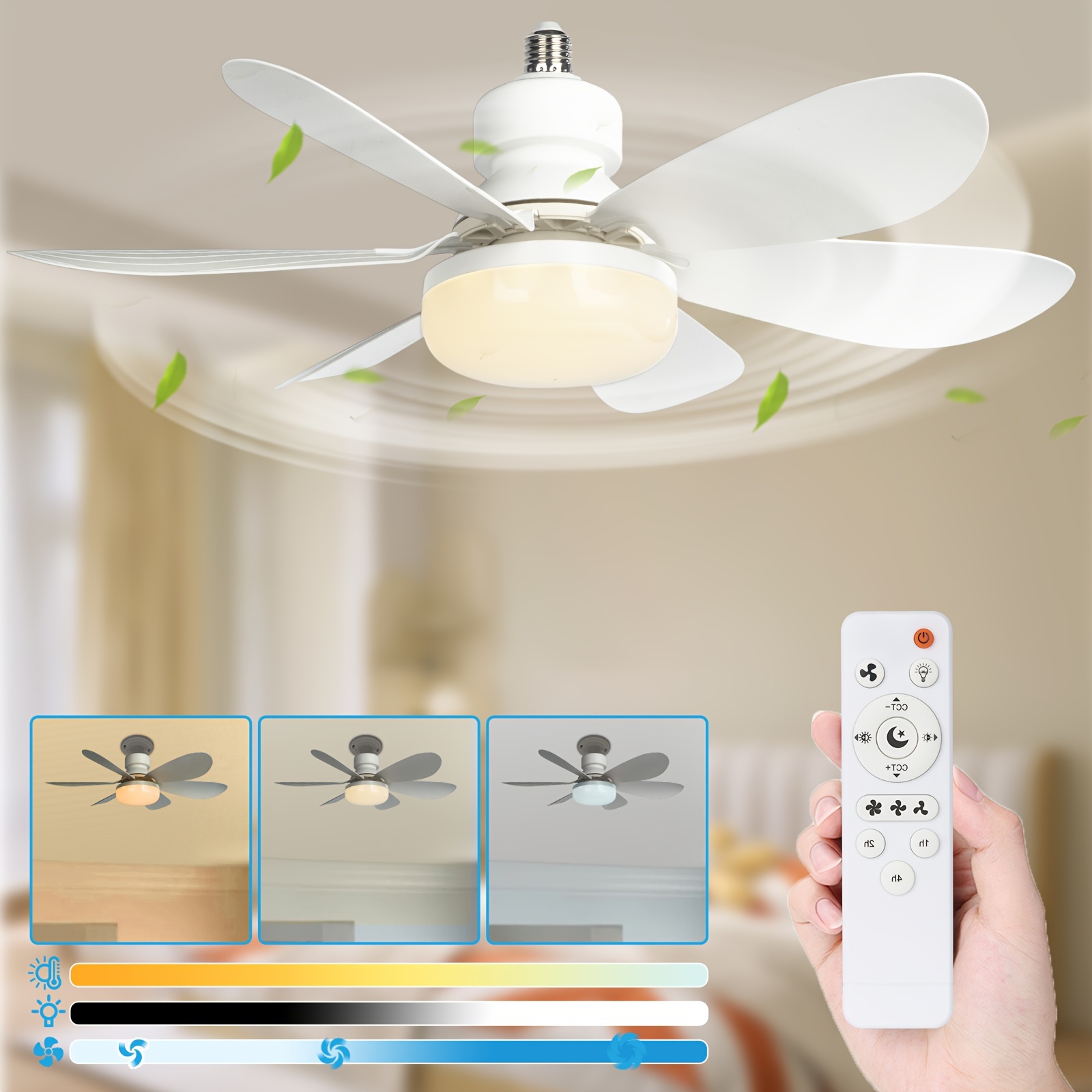

1 Pc E27/e26 Screw-in Fan Light With Light & Remote, Stepless Dimming, 3-speed Wind Speed Adjustment, Suitable For Bedrooms, Living Rooms, Study Rooms, Kitchens, Toilets - No Wiring Needed!