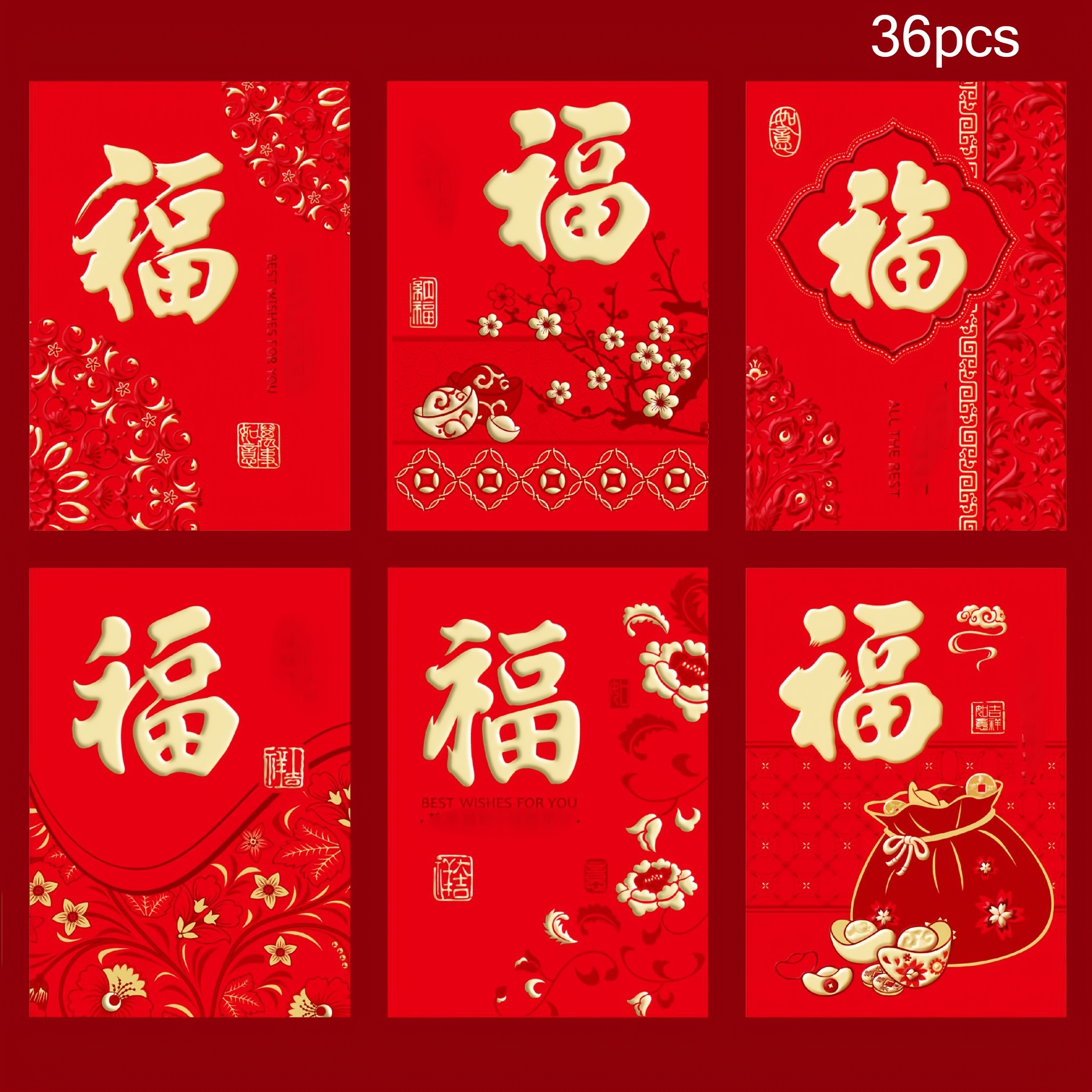 

36-pack Red Chinese New Year Money Envelopes, Traditional Fu, Paper Red Packets For Wedding, Housewarming, , No Electricity Needed