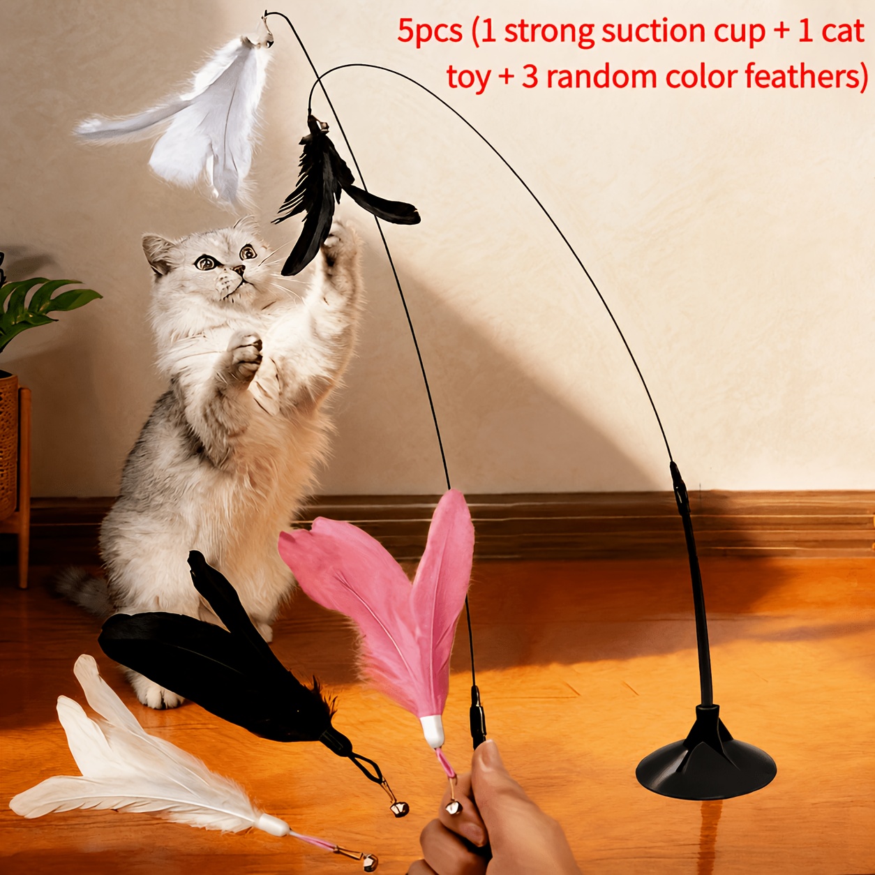 TEMU Juego de 5 piezas de de plumas para gatos, 1 fuerte, 1 varita y 3 cabezales de repuesto con plumas artificiales de aleatorios. Mantiene a