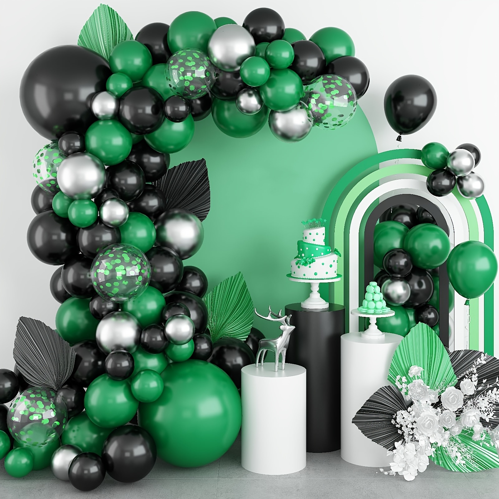 

104pcs, Metal Silver Green Confetti Balloon Kit. Black Green Balloon Garland Arch Kit. For Birthday, Anniversary, Adult Shower, Bachelorette Party. Wedding, Bridal Shower, Graduation Party Decoration