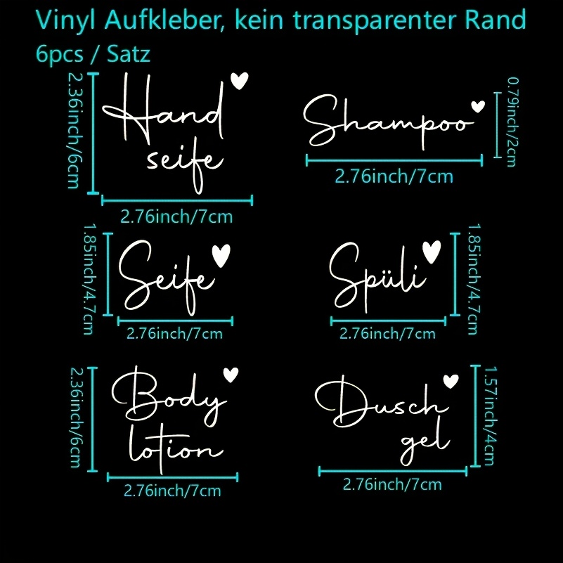 Image of 6pcs/sheet Only Decal German Bathroom Wall Decal Washing Up Art Sticker For Dispenser Bottle Decoration, Waterproof Removable Decals For Hand Soap, Shampoo Label Decal Gifts