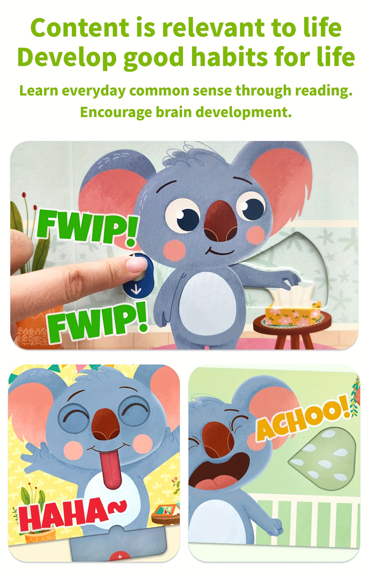 Baby busy book, Sneeze and Sniffle, Cultivates Good Hygiene Habits & Independent Operation Skills Fun Mechanical, Lift-the-Flap Books, interactive sensory book, clean habit, daily routine, english early learning, good behavioral habits in children, improve independent ability, fun mechanical books, hands-on ability, Christmas & Birthday Present, push and pull, kaola, lion, dianosaurs, sheep, farm cow, elephant, rooster, animals series.