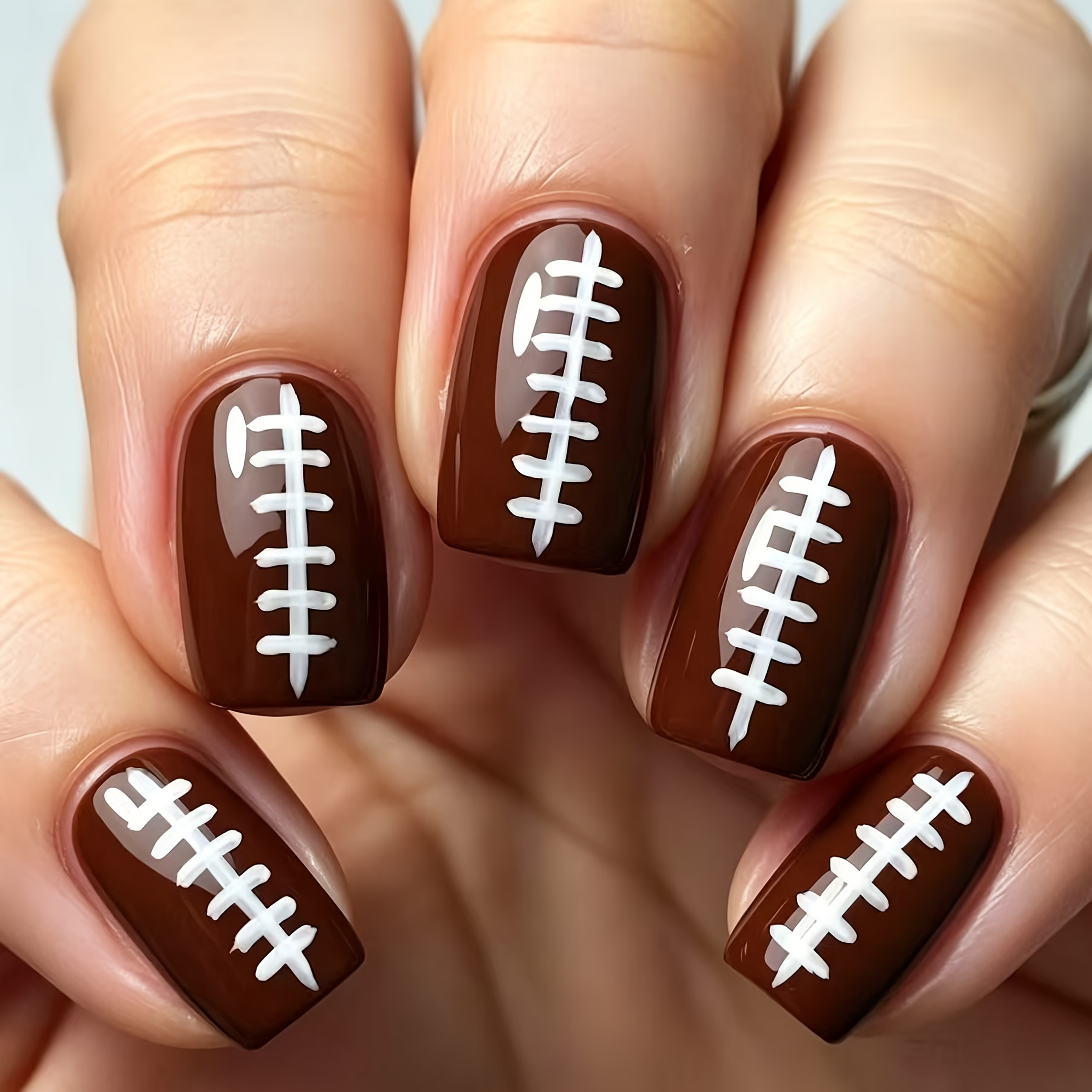 TEMU 24pcs Convenient Nail Art, Rich Coffee-colored Base White Ball Stitching Nails Sports Fan Theme Easy Individual Trendy Decorative Nails, Glossy