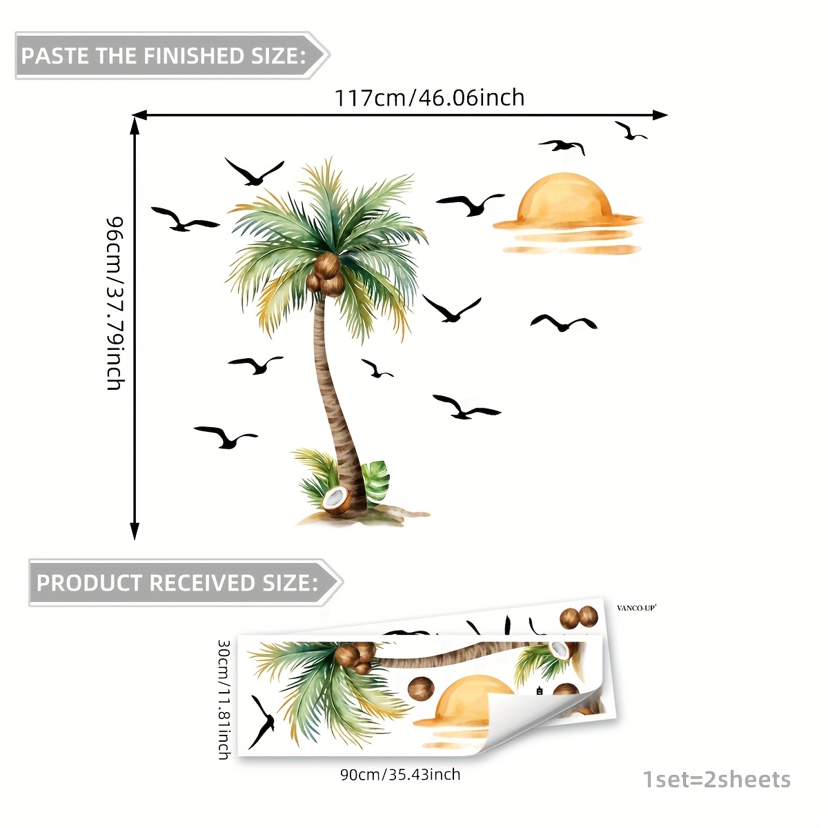 Image of A Set Of 2 Summer Coconut Tree Sunset Wall Stickers Home Decor Stickers Bedroom Living Room Sofa Entrance Background Decoration