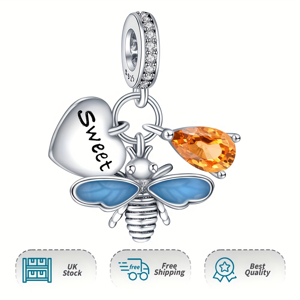 Sweet Heart Bee & Orange 925 Sterling Silver Pendant Charm