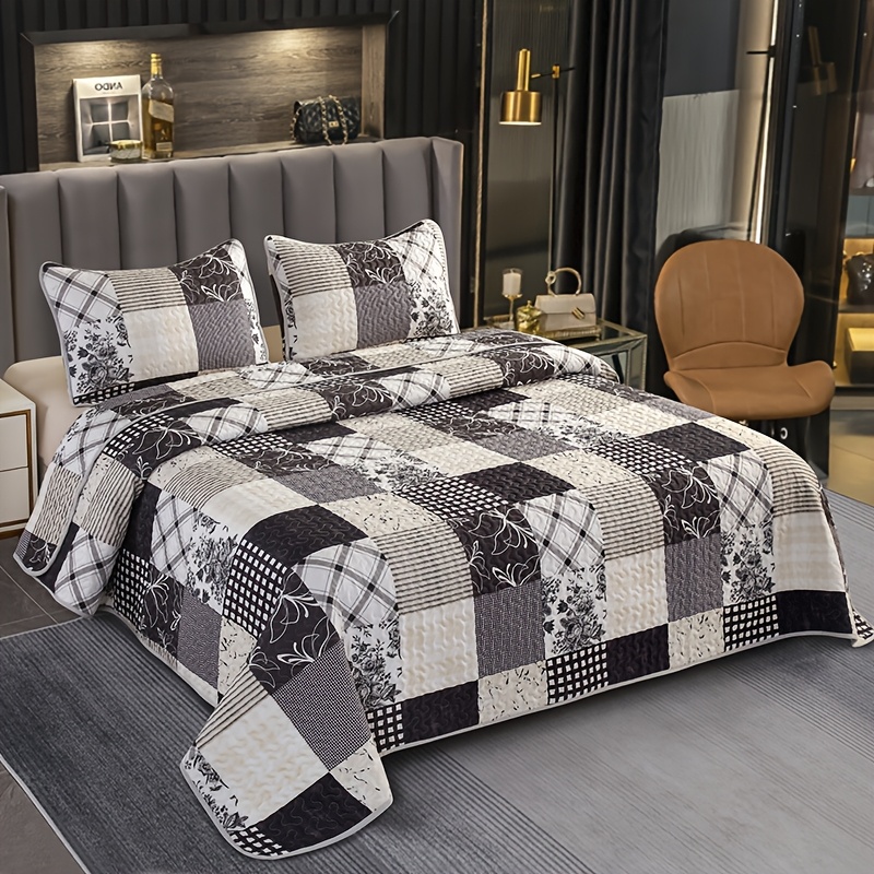 TEMU 3pcs Brushed Print Quilted Bedspread Set, Grey Printed Duvet -piece Set