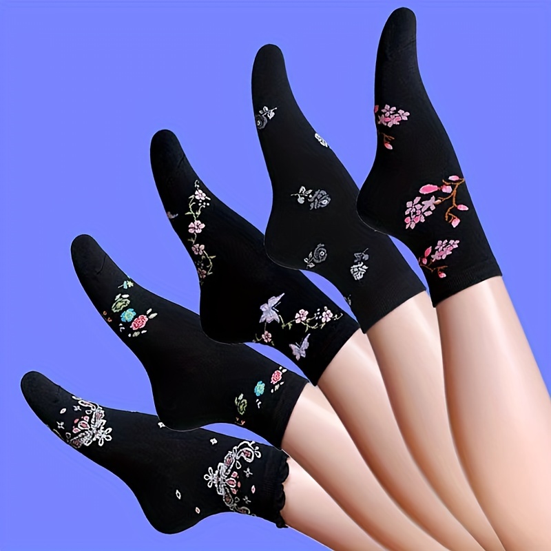 TEMU 1 Par/5 de Calcetines de Jacquard Floral la Pantorrilla, Ideales para Uso Diario