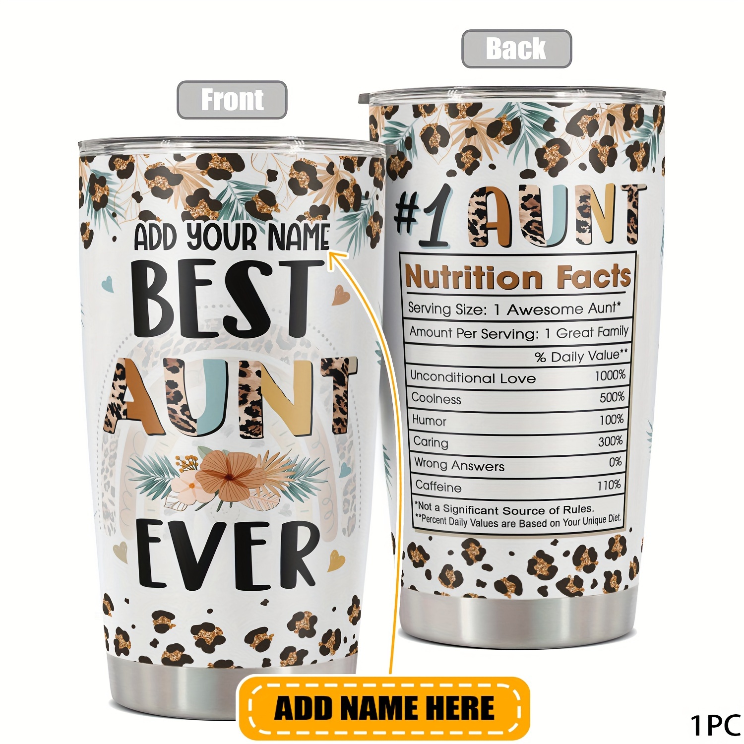 TEMU Custom Name 20oz Tumbler - Perfect Auntie Gift, Mug With Funny Print, Reusable & Bpa-free Metal, Ideal For Birthdays,