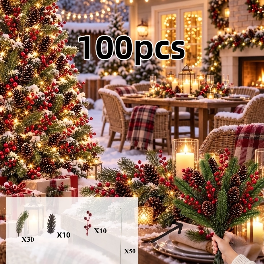 TEMU 100 pièces - 50 ensembles d'arrangement floral décoratif d'hiver, combo de fleurs artificielles de Noël avec rouges, pommes de pin, de pin,