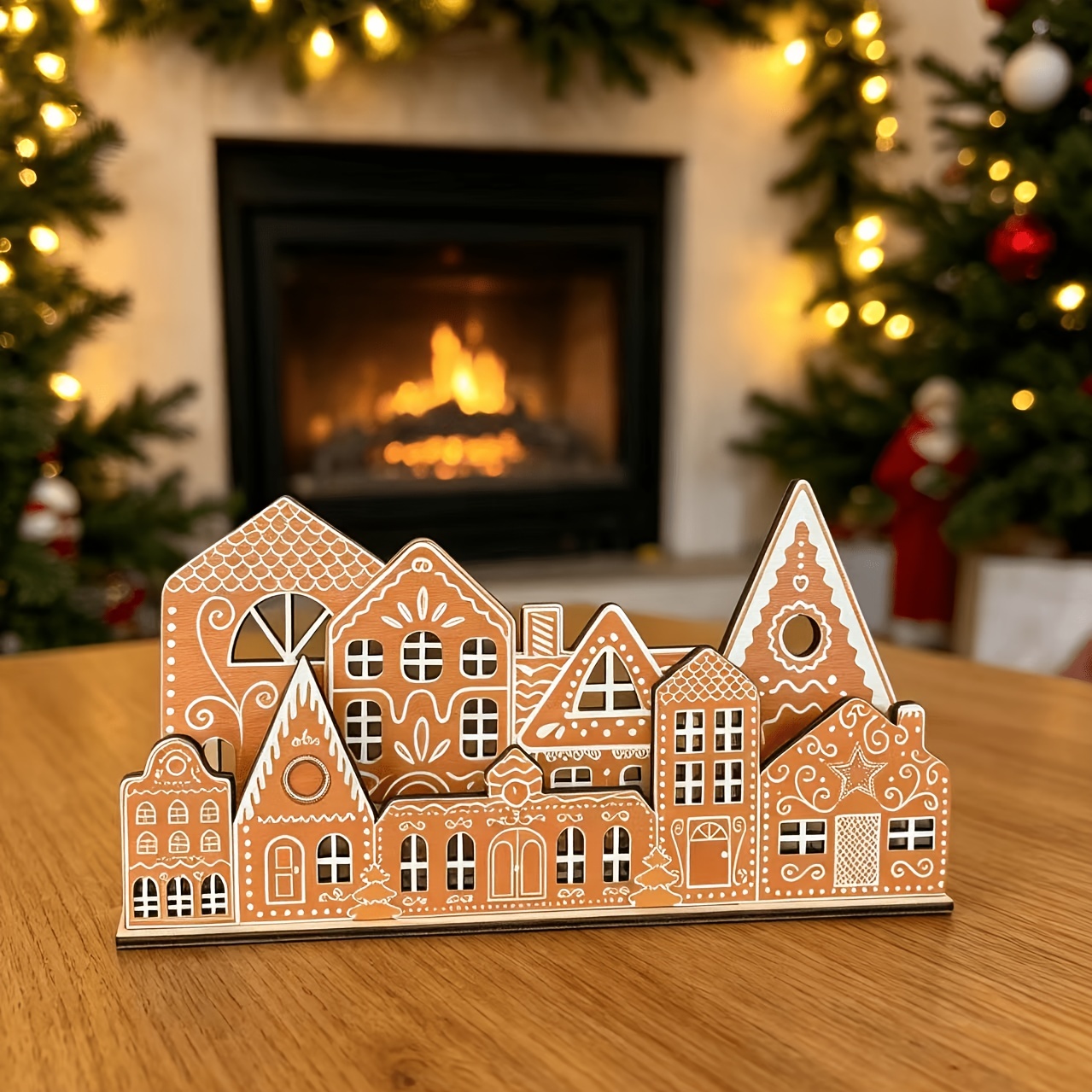 TEMU Diy Christmas Gingerbread House Tabletop Decoration With Light-colored Wooden Christmas Village Centerpiece, Gingerbread Christmas Decor For