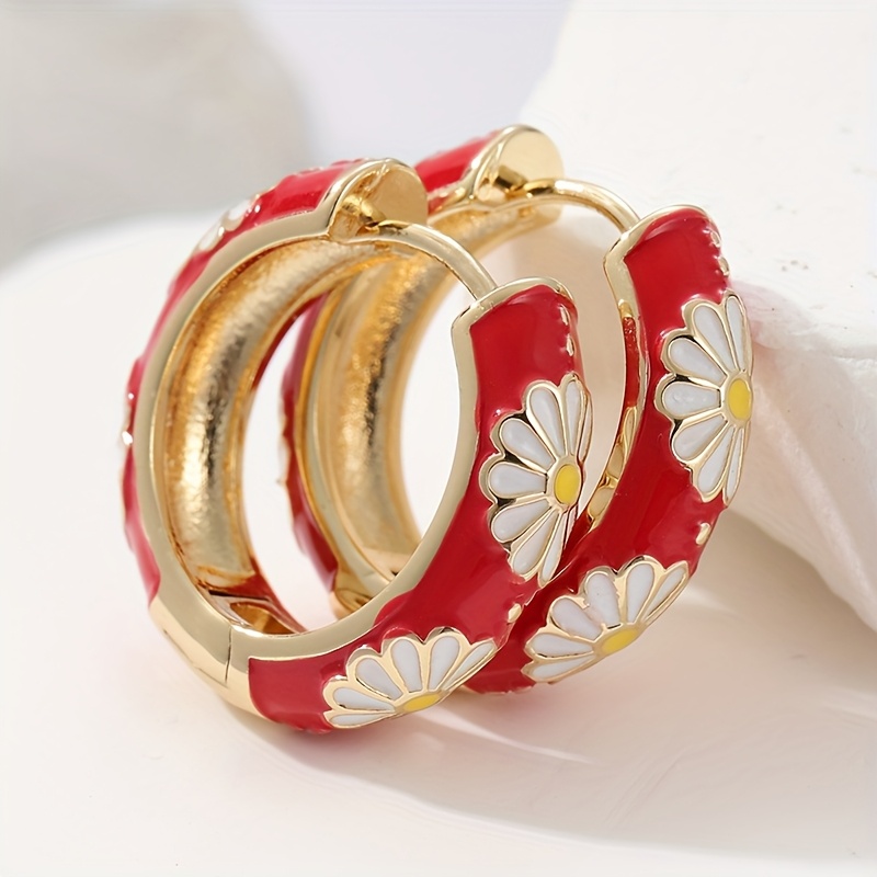 E-shop Rote Blumen--Ohrringe, Niedliche Huggie-Ohrringe, Chunky-Ohrringe, Künstliche Emaille-Ohrringe, Goldene Blumen-Ohrringe