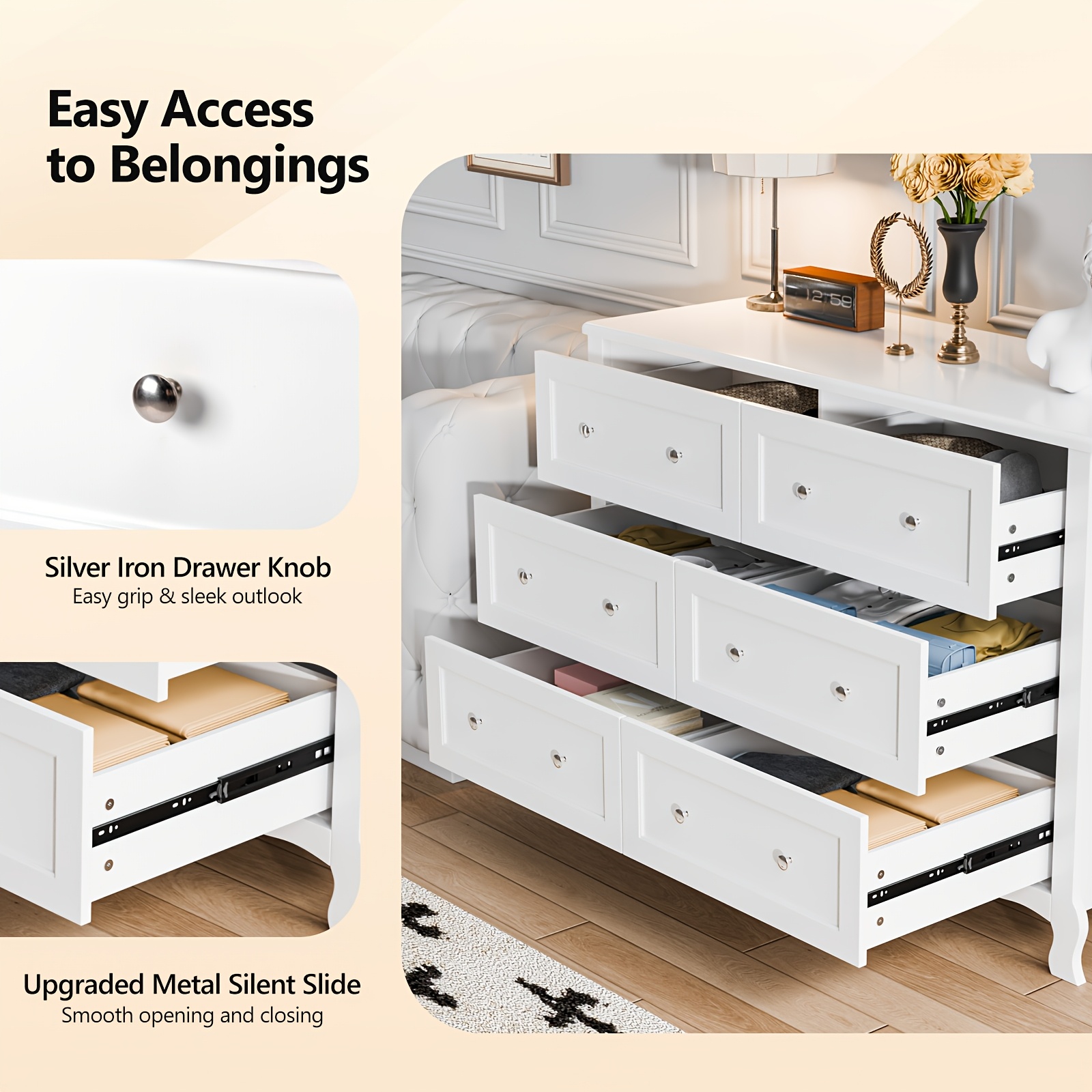 Bonnlo Wood Dresser Chest Of Drawers, Clothes Storage Dressers with Curved Legs And 6 Drawer for Bedroom