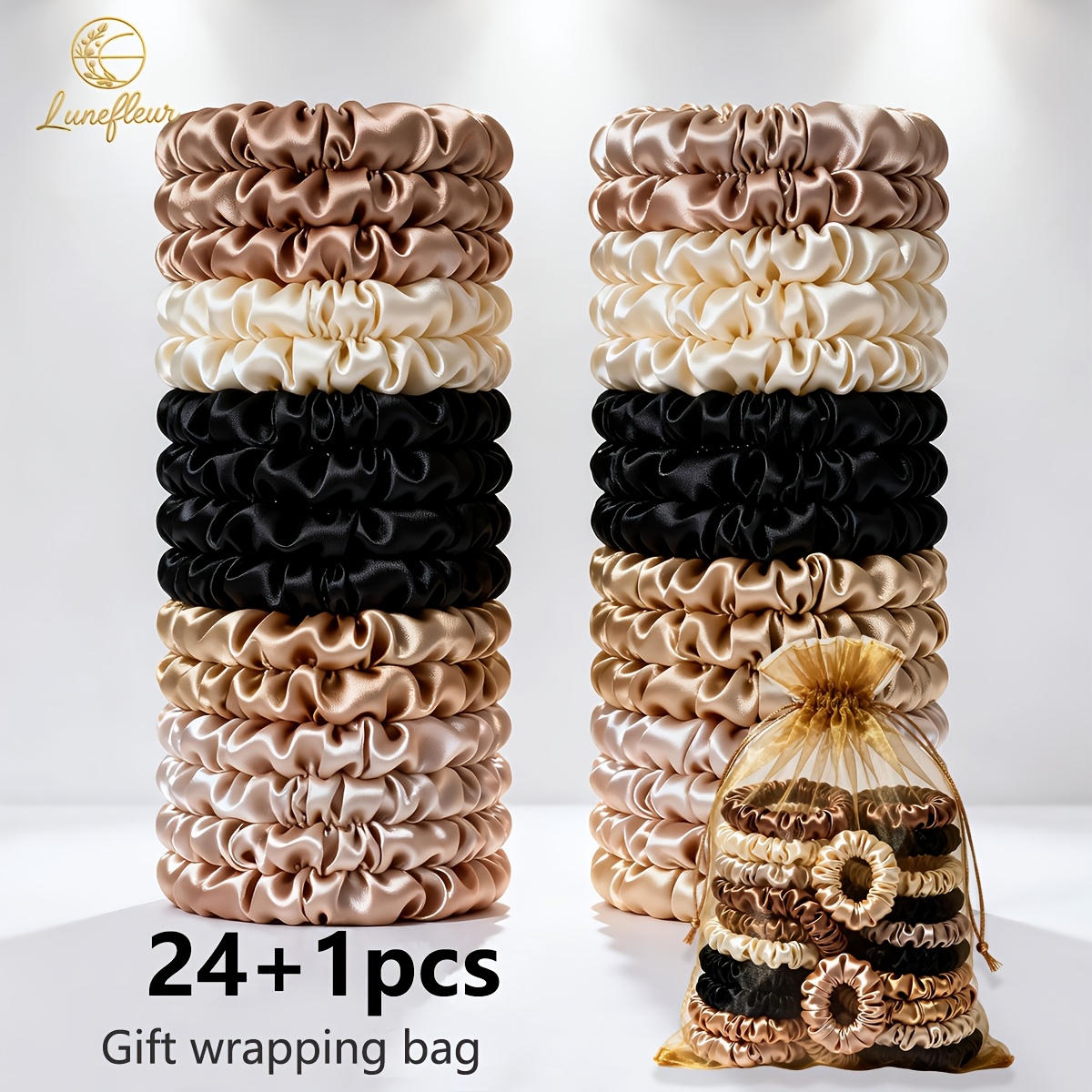 TEMU 24pcs Satin Mini Scrunchies + 1 Gift Bag Set, -look Elastic Hair Ties, Soft Bow Scrunchies For Women & With Gift Bag – Neutral Beige, Cream,
