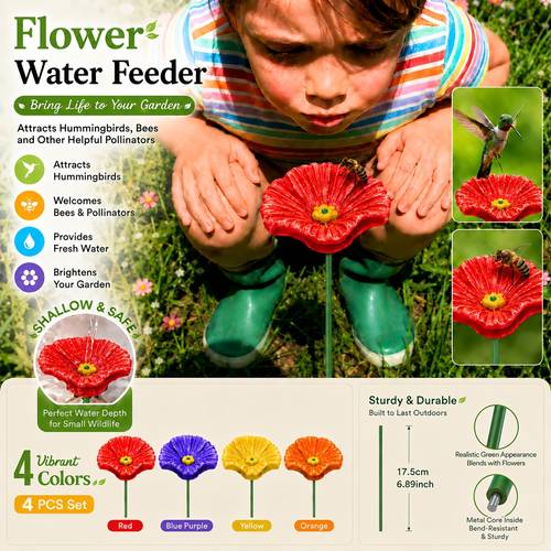 item picture 4pcs hand painted resin flower hummingbird feeder bee station outdoor garden courtyard decorative bird water dispenser