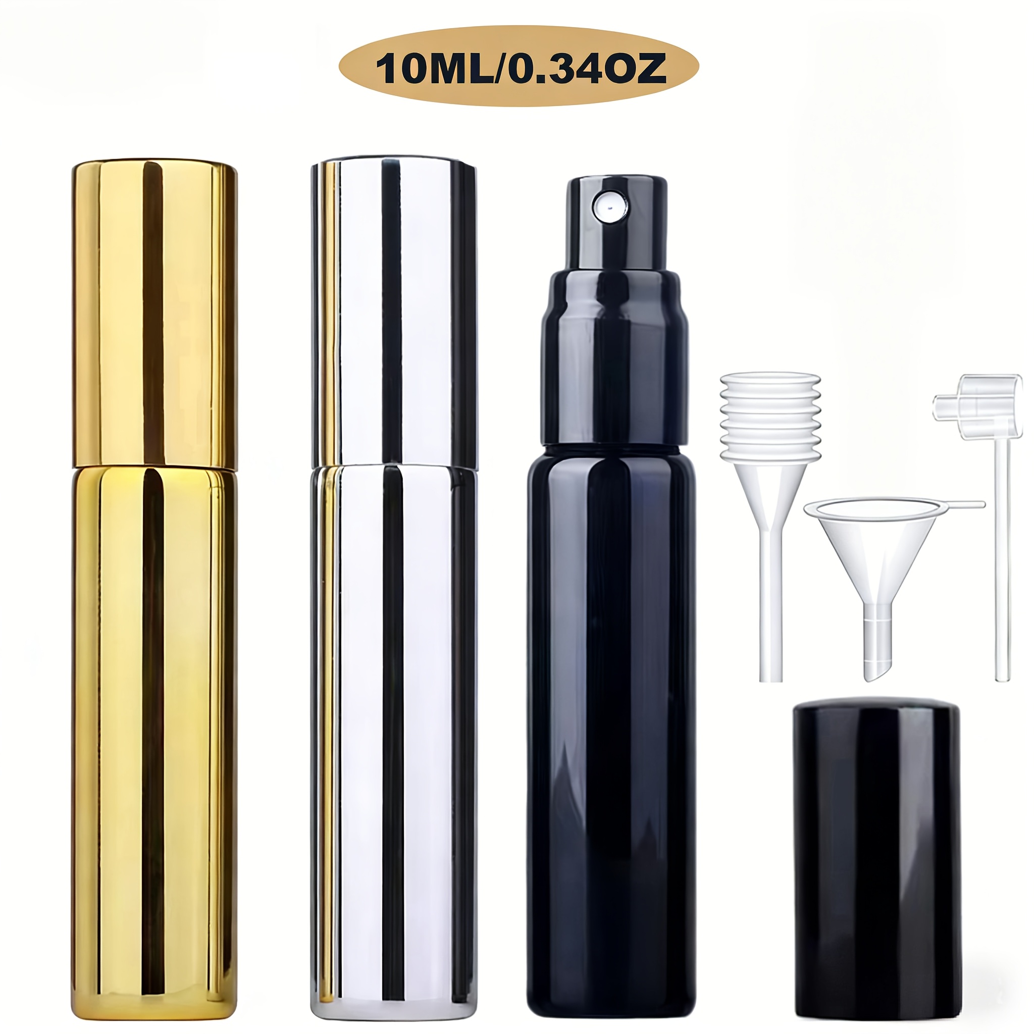 E-shop 3er-Set 10 ml tragbare, nachfüllbare Parfümflaschen aus Glas, silberne goldene leere Zerstäuber-Sprühflaschenbehälter aus Aluminium mit 3