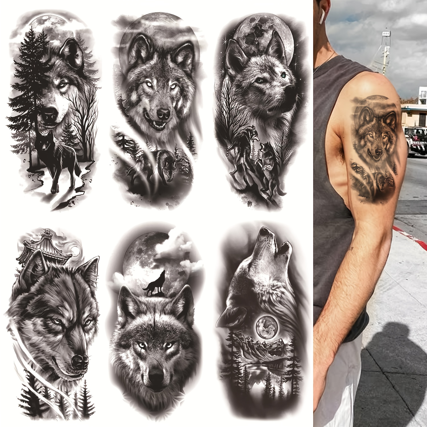 6 Stück, Mondlichtwald-Wolf Temporäre Tattoos, für Frauen Männer,  Erwachsene Tierwolf-Tattoo-Aufkleber, Wasserdicht * Realistische *-Tattoos  * für * Oberschenkel, Beine – Perfekte für Erwachsene, ..., image size:1500x1500