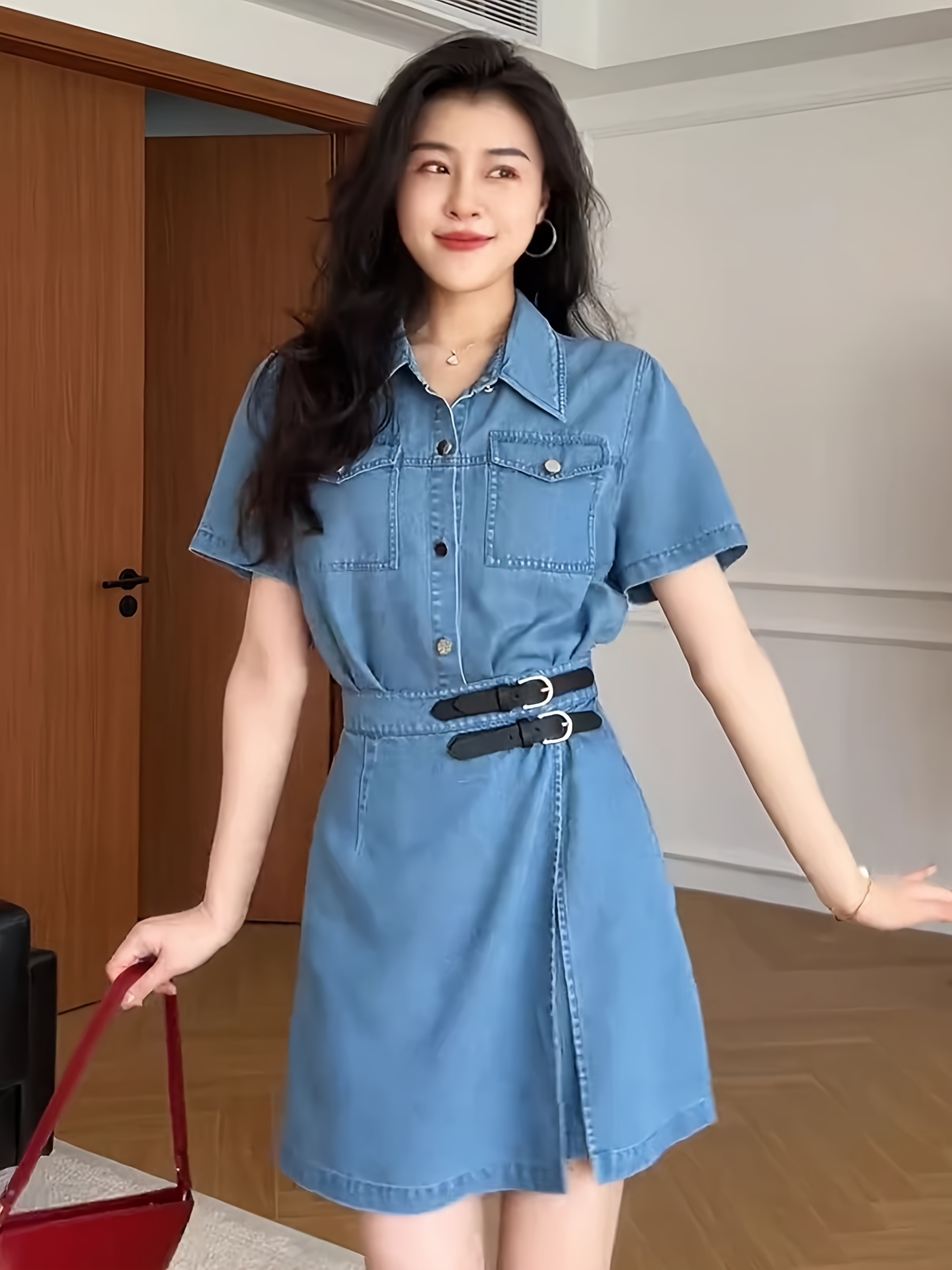 white christmas dresses Belted Drop Waist Stretch Midi Denim Dress main image 1