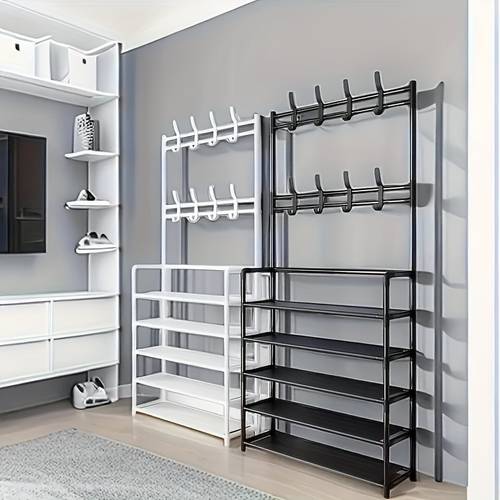 sturdy metal storage rack 4 5 tier coat shoe organizer with 8 double hooks entrance hallway bathroom space saving free standing versatile design