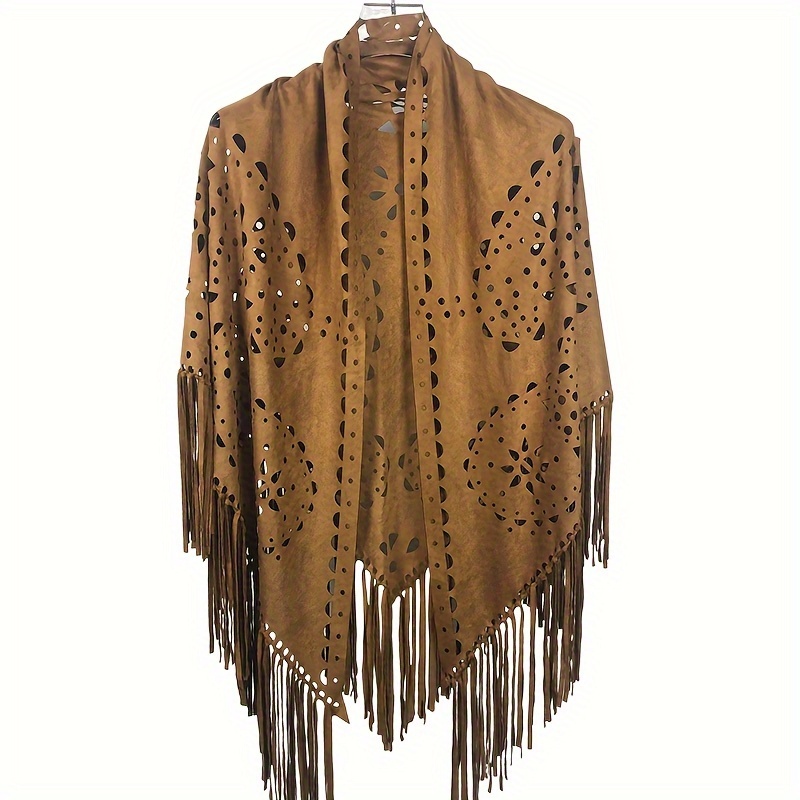 

Western Cowboy-inspired Laser-cut Tassel Triangle Scarf - Polyester, Non-stretch, Decorative Shawl For Casual Outings