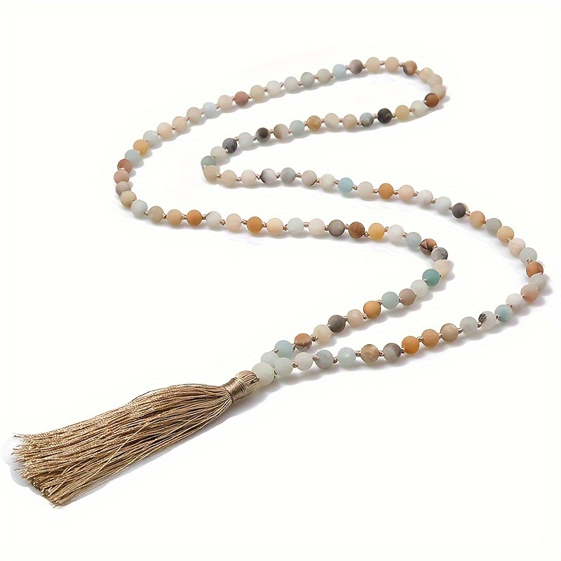 Image of 108 Mala Bead Necklace, 6mm Amazonite Handmade Knotted Necklace With Tassels, Meditation Bead Jewelry