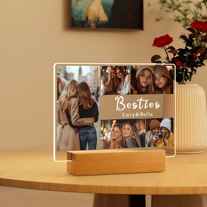 [2d Flat] [2d Flat] Customized Acrylic Photo Frame With Wooden Base, Photo Frame Plaque Commemorative Gift, For Batteries Or Electricity, Easy To Assemble, Perfect Gift For