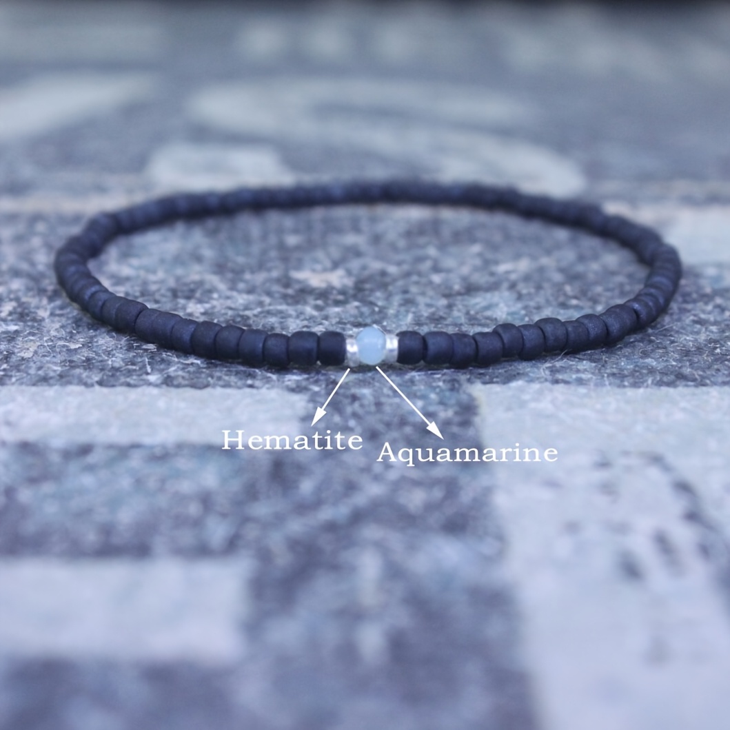 TEMU 1pc Onyx And Aquamarine And Non-magnetic Hematite Beads, Women Men Jewelry, Boho Bracelet, Handmade Elastic Minimalist Bracelet, Couple Gift,