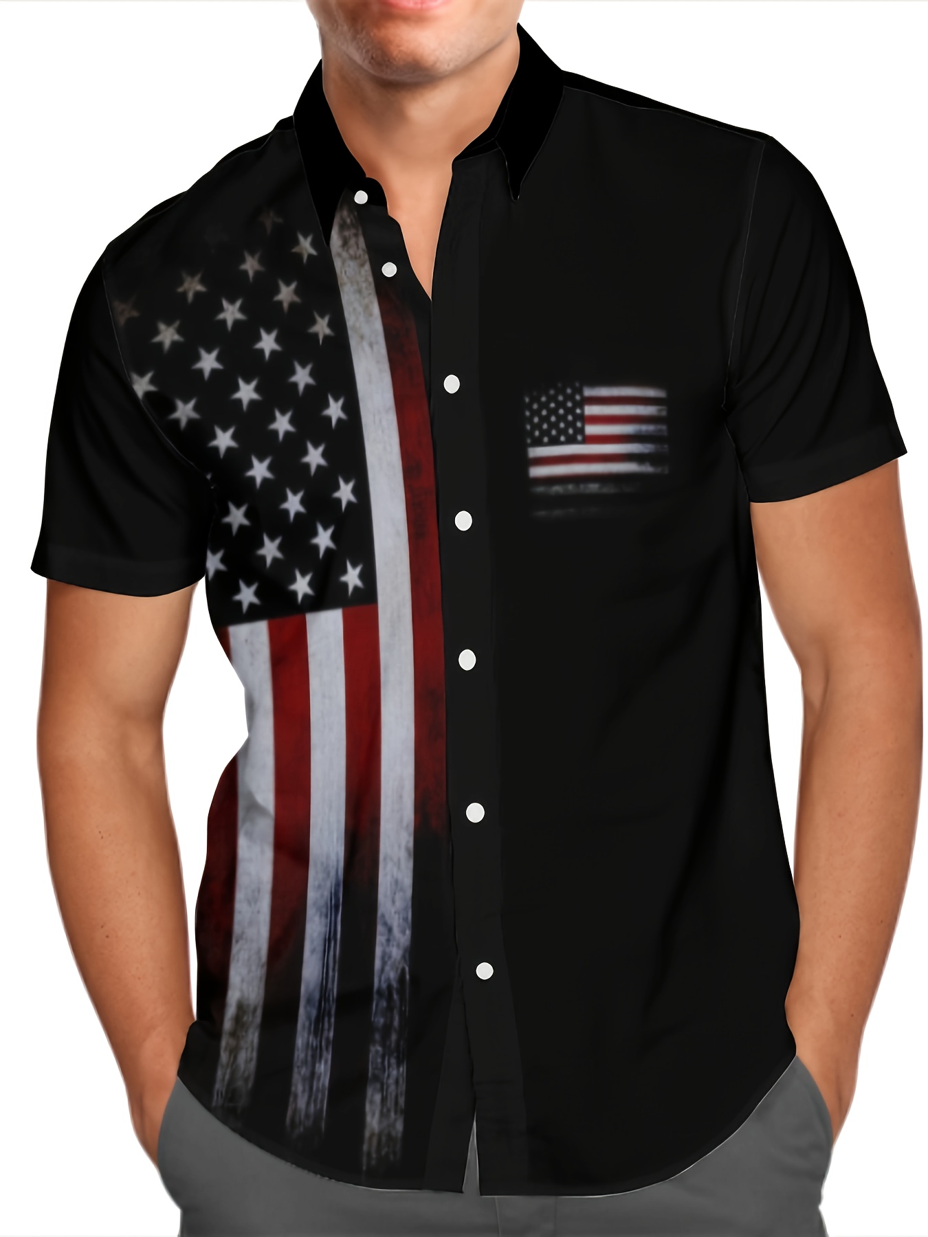 Men'S Casual Polyester Shirt with American Flag Print, Button Front, Lapel Collar, Regular Fit, Woven Fabric, Spring/Summer Top - 100% Polyester, 110gsm, Plus Size