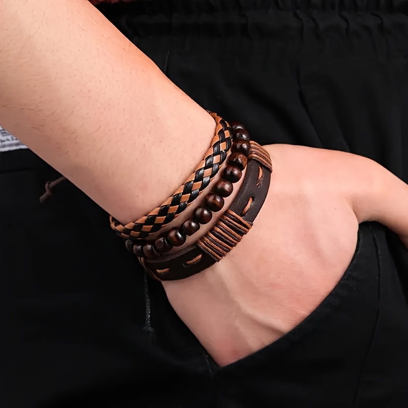 TEMU 3pcs Set Fashionable Brown Bangle Bangle Bracelet, Men's Gift Accessory